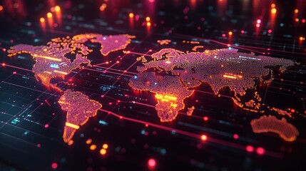 Global network data flow, digital map, glowing background