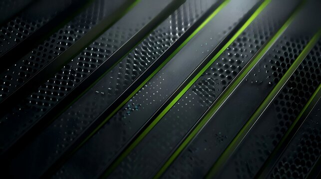 Abstract metallic texture, diagonal lines, green accents, dark background, ideal for tech or industrial designs