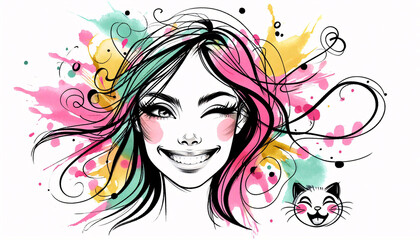 Impish Woman and Cheeky Cat – Playful Portrait with Fun Watercolor Touches
