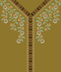 Folk art pattern featuring cascading floral vines for V-neck Kurta and Kaftan