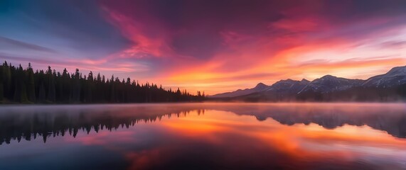 Obraz premium A tranquil lake reflecting the vibrant colors of the sky during a magical sunset