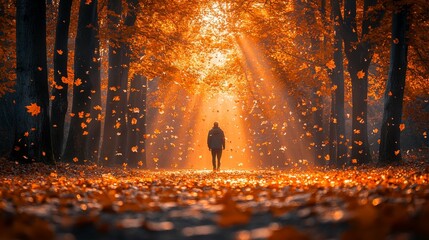 A solitary figure walking through an autumn forest with falling leaves illuminated by golden sunlight beams