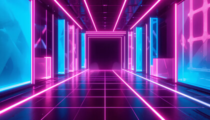 Fototapeta premium Neon-Lit Futuristic Tunnel: A Vibrant Journey Through Infinity
