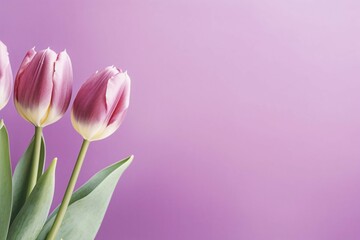Fototapeta premium Beautiful tulip spring flowers on violet background with copy space. KI generiert, generiert AI generated