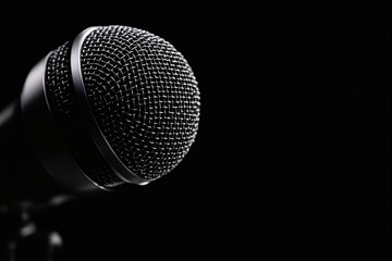 Close-up view of a microphone with intricate metal mesh detail on a dark background. Concept of sound, music, or communication. Ai generative