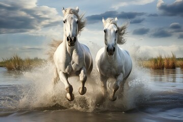 Obraz premium Two white horses running in the water, AI generated