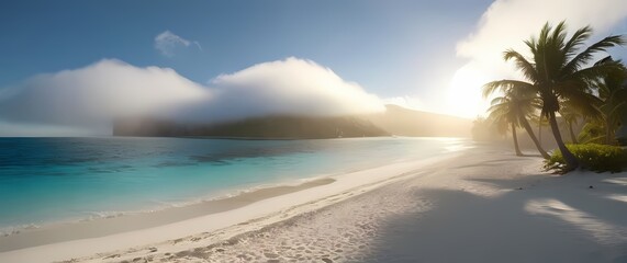 A tranquil palm beach scene inviting relaxation and leisure under the clear sunny skies