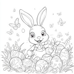 A cute Easter bunny coloring page, perfect for kids, featuring a joyful rabbit with decorated eggs and spring elements.

