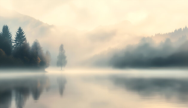 Misty morning lake with fog and trees, serene and peaceful landscape, ethereal atmosphere, calm water reflecting the sky, tranquil nature scene