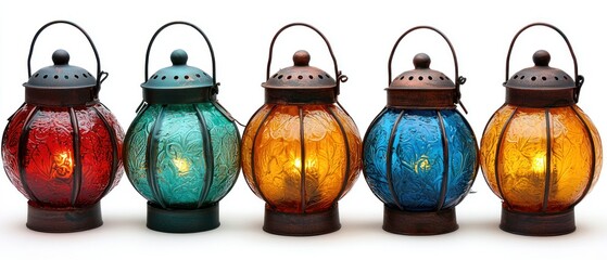 Colorful glass lanterns glowing on white background