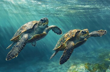 Obraz premium Two Sea Turtles Swimming Gracefully in Crystal Clear Ocean Waters Surrounded by Gentle Sun Rays and Vibrant Underwater Landscape