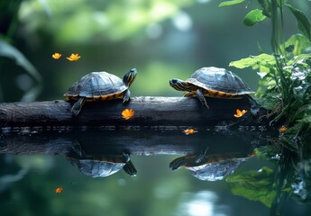 Fototapeta premium Two turtles basking on a log in a serene pond surrounded by vibrant plants and soft golden flowers, reflecting in the calm water, nature's tranquility captured perfectly.