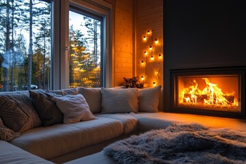 Fototapeta premium Cozy evening in a modern living room with a fireplace and warm lighting surrounded by nature
