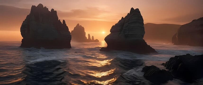A tranquil seascape adorned with unique rock formations highlighted by sunset