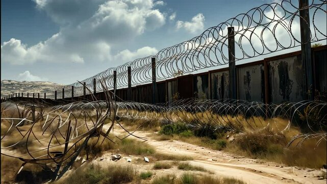 Exploring the stark landscape of a border barrier with barbed wire under a dramatic sky at midday