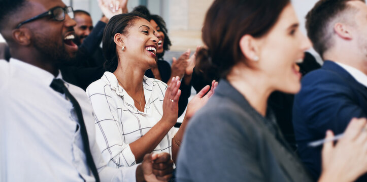 Happy, business people and seminar with applause for presentation, meeting or staff workshop at office. Excited group, employees or audience clapping with smile for team speech, thank you or support