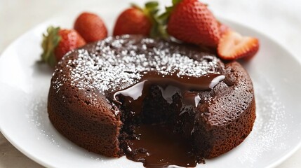 Classic molten chocolate cake with a gooey center, styled with fresh strawberries, isolated on a clean white plate