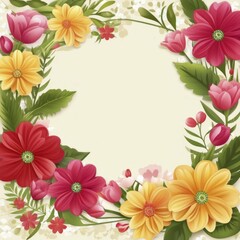 Floral border with pink, yellow, and red flowers and green leaves framing a blank center, AI generated