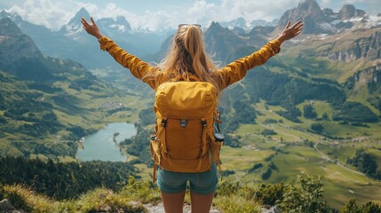 Woman celebrating nature's beauty with arms wide open while standing on a mountain overlooking a breathtaking landscape