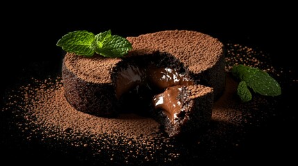 Classic molten lava cake with gooey chocolate filling, styled with fresh mint and cocoa powder dust, isolated on black background