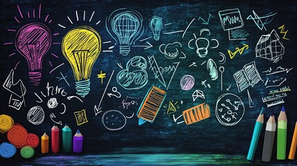 Chalkboard Ideas Brainstorming, innovation, creativity, planning, strategy, education, colorful pencils, dark background, marketing concept