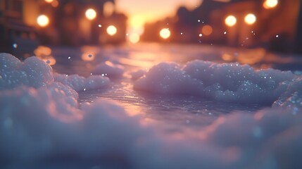 A serene sunset over a calm ocean with soft waves gently lapping at the shore, casting an orange glow.