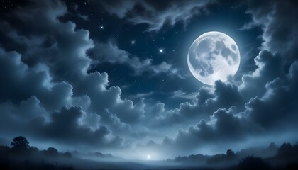 Obraz premium Un cielo nocturno con una gran luna llena rodeada de tenues nubes y estrellas. Las nubes tienen un capricho