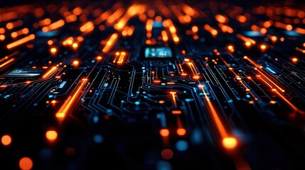 Abstract circuit board pattern with glowing lights, representing technology and innovation.