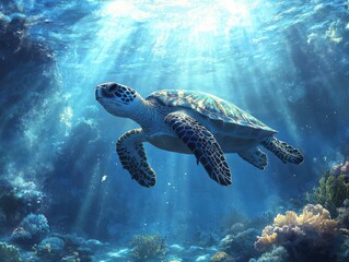 Fototapeta premium Underwater Scene with a Majestic Sea Turtle Swimming Gracefully in Clear Blue Ocean Waters Surrounded by Vibrant Coral Reefs and Rays of Sunlight