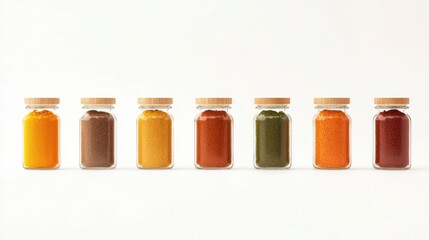 Colorful Display of Seasoning Blends in Glass Jars on White Background