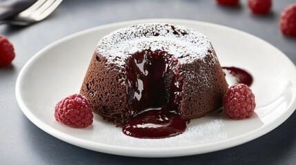 Lava cake with a rich chocolate center, garnished with a light dusting of powdered sugar, and surrounded by a swirl of raspberry coulis, isolated on gray