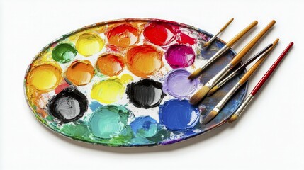 Obraz premium Circular paint palette filled with vivid colors and brushes, highlighting artistic tools, AI generated