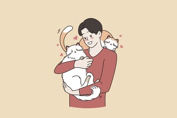 Loving animals and cat lover person concept. Young smiling loving man cartoon characters standing holding two big cats on hands hugging embracing vector illustration Abstract vector wall art background. Minimalistic abstract wall art background for print. Scandinavian vector style