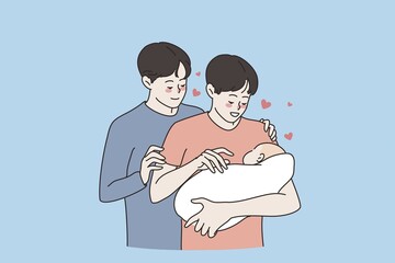 Relations and rights of homosexual partners concept. Happy smiling loving same sex couple men standing holding newborn baby adopting child to family vector illustration Abstract vector wall art background. Minimalistic abstract wall art background for print. Scandinavian vector style