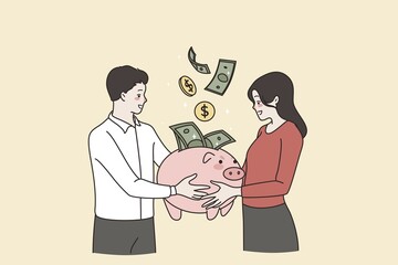 Fototapeta premium Family budget and savings concept. Young positive couple wife and husband standing holding piggybank with flying cash smiling feeling happy together with savings vector illustration Abstract vector wall art background. Minimalistic abstract wall art background for print. Scandinavian vector style