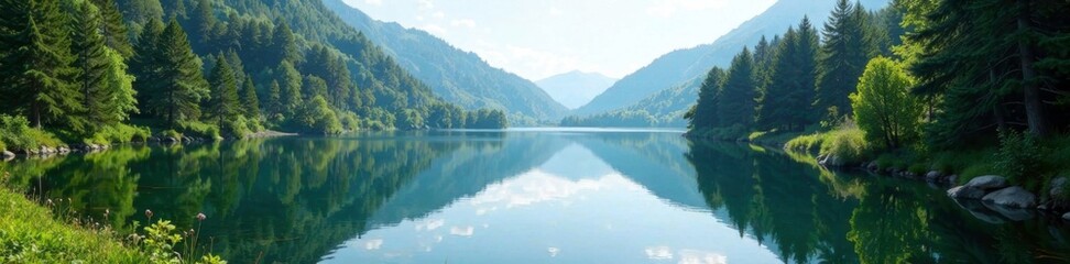The lake's surface is adorned with a layer of coniferous foliage, foliage, landscape