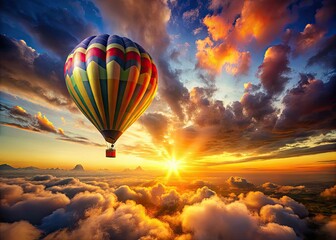 Obraz premium Hot Air Balloon Sunset Panoramic, Colorful Sky, Aerial View