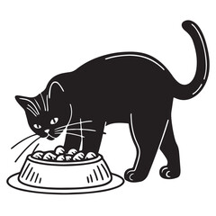 Black and White Cat Eating Silhouette Vector Transparent Background
