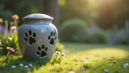 Gray pet urn with paw print cutouts on grass in garden
