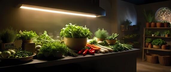 A vibrant display of fresh organic herbs and vegetables presented along with artisanal products