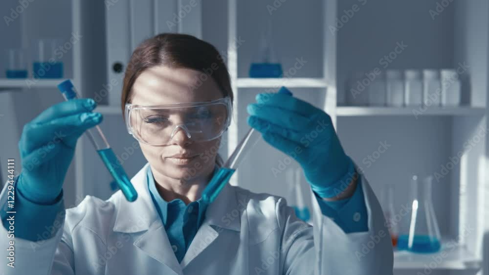 Poster In a laboratory, a skilled scientist analyzes chemical solutions in test tubes, providing insights that advance scientific knowledge and enhance understanding of complex concepts and processes
