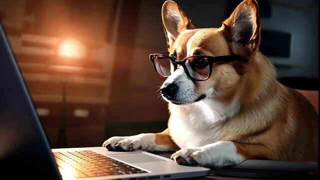 A clever corgi navigates a laptop during a cozy indoor evening, showcasing unexpected tech skills and charm