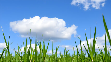 Fototapeta premium Green grass and blue sky with white clouds