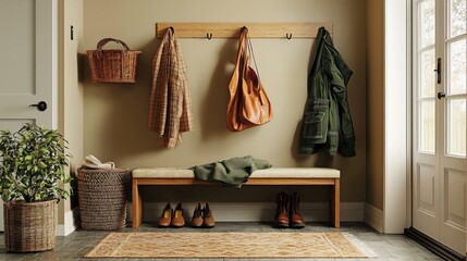 A chic entryway featuring a coat rack, organized shoes, and a warm, inviting ambiance for guests.