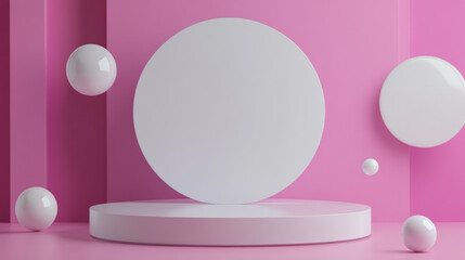 Minimalist pink background with floating white spheres