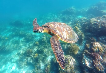 Fototapeta premium Vibrant Sea Turtle Swimming Gracefully Over Colorful Coral Reef in Clear Tropical Water Under Sunlight