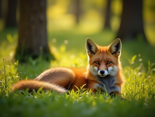 Obraz premium Sleek red fox resting lazily in a sun-dappled clearing