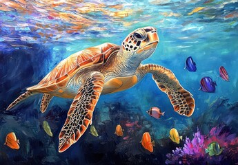 Fototapeta premium Vibrant Sea Turtle Swimming Gracefully Through Colorful Coral Reef with Schools of Fish in Tropical Underwater Paradise