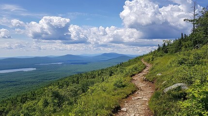 Fototapeta premium A trail winds up to a mountain summit, offering panoramic views of the surrounding breathtaking landscape.