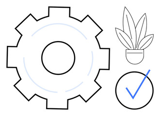 Gear symbolizing efficiency, check mark indicating completion, and potted plant representing growth and development. Ideal for productivity, success, progress, organization, business strategies